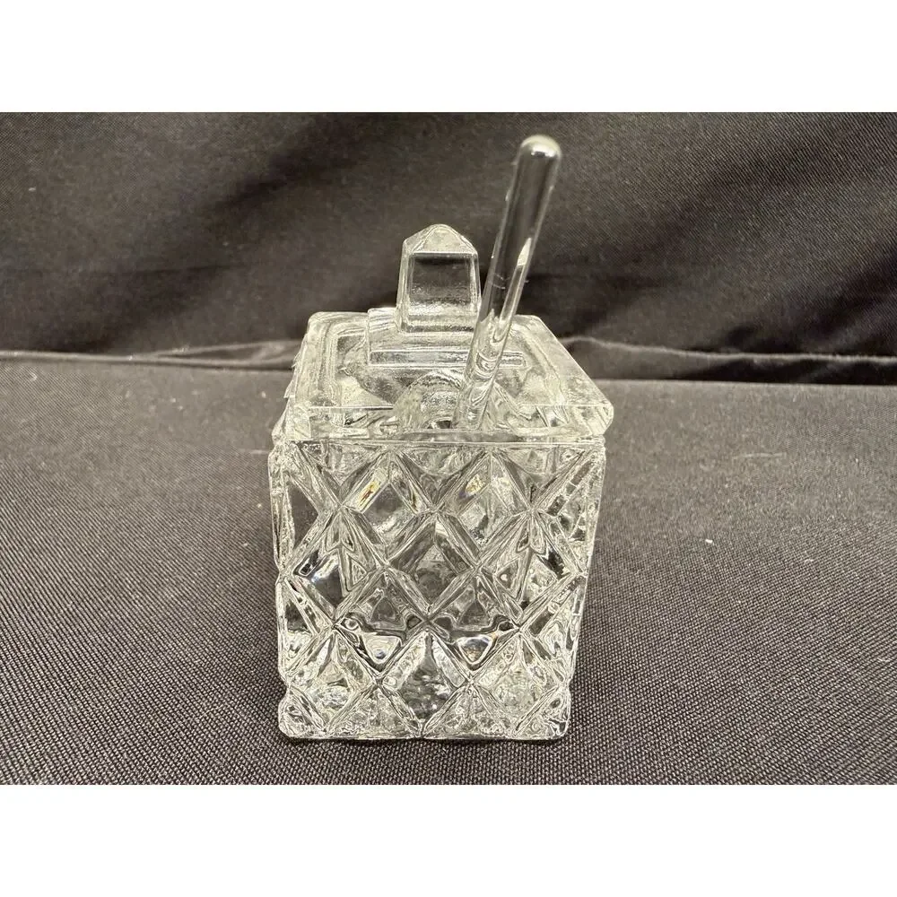 Rare Mini Crystal Clear Glass Cruets & Jam Jar W/ Spoon Set Of 3 Square Vintage